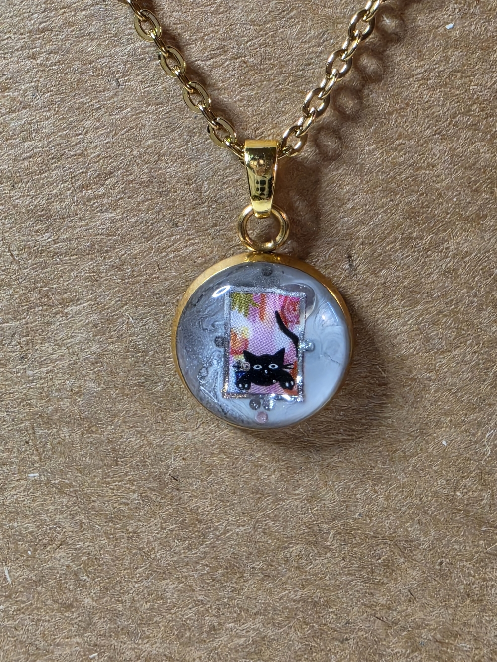Gold Cat Pendant Necklace with Pink Accent